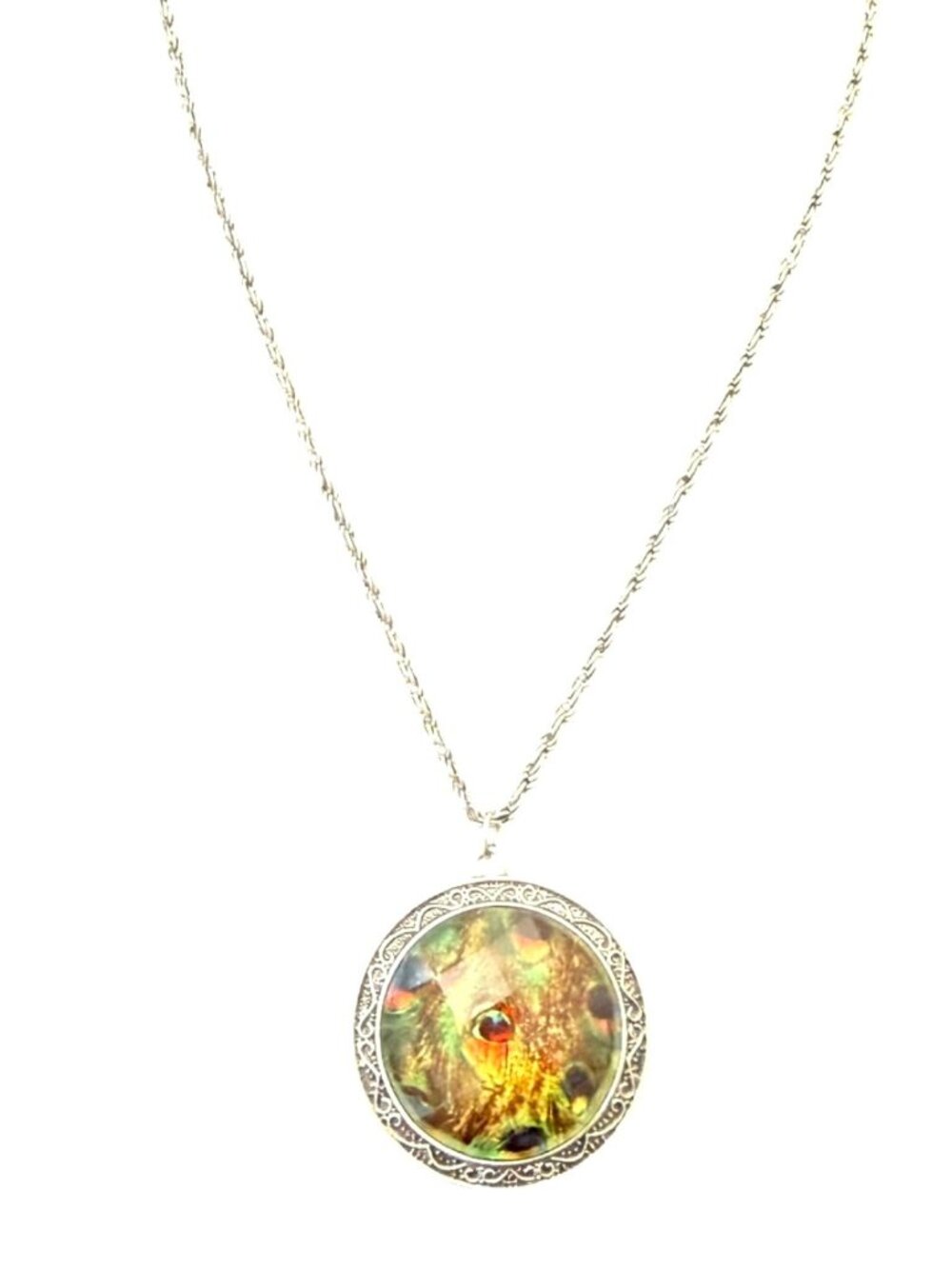 ZAD Women's Necklace Peacock Filigree Art Glass Victorian Vintage Silver Tone